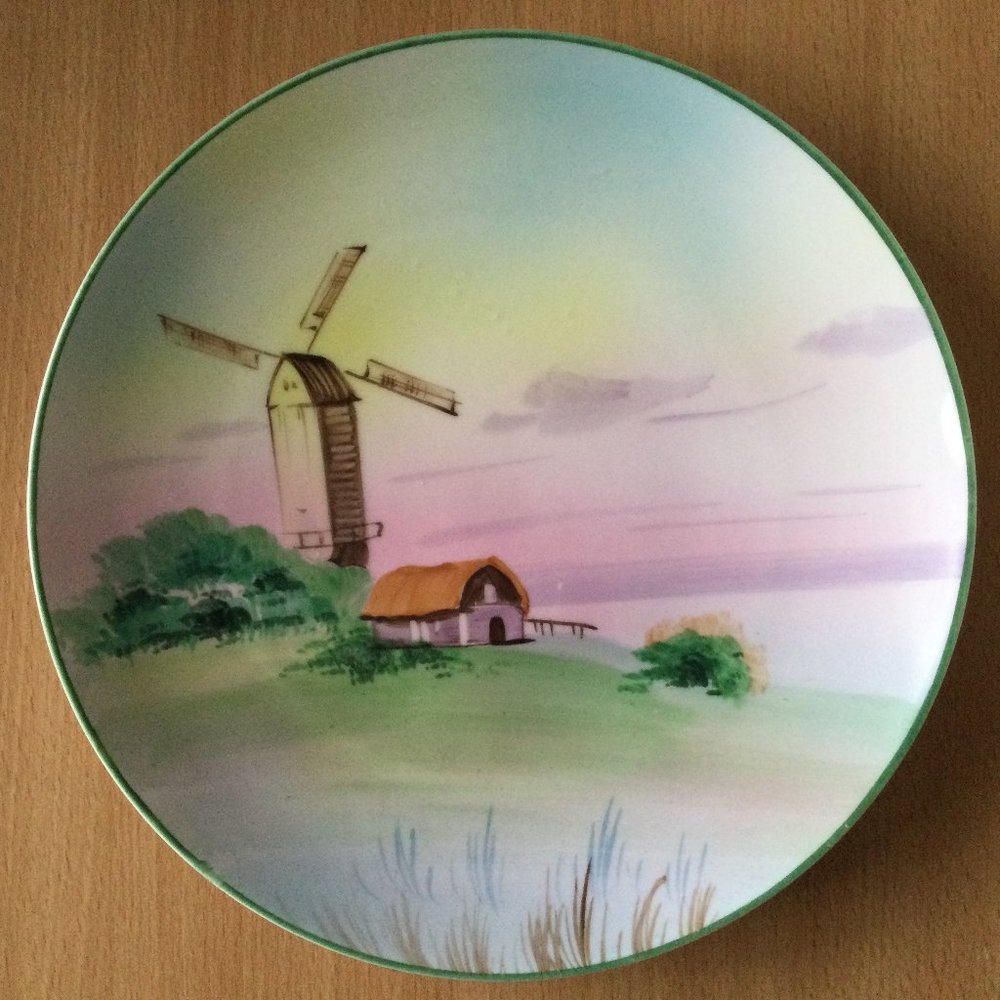 Vintage Hand painted Nippon plate windmill house 8" diameter